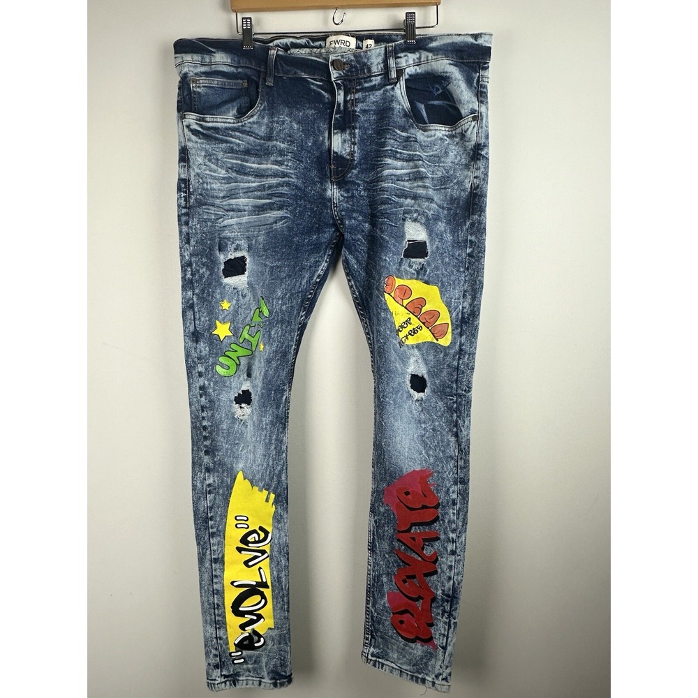 FWRD Denim Jeans Mens 42x34 Blue Slim Fit Skinny Graffiti Streetwear Urban